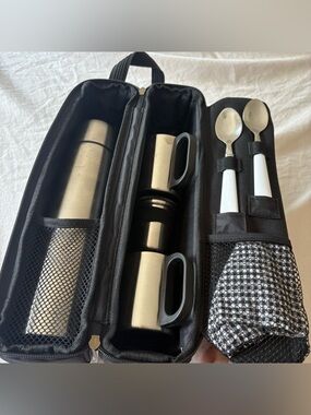 Stainless Steel Travel Mug and Utensil Set - Silver & Black
